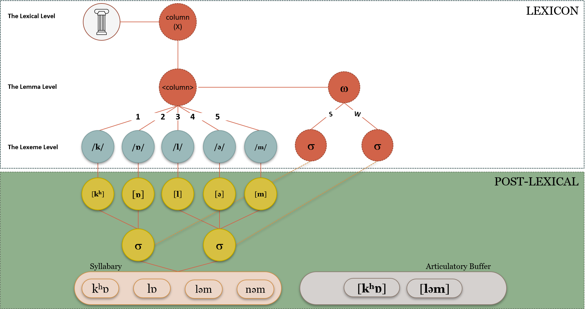 An illustration of the Levelt, Roelofs, and Meyer model. Illustrates the lexical level, the lemma level, and the lexeme level within the upper, “lexicon” portion of the diagram, with the syllabary and articulatory buffer contained below under “post-lexical”.